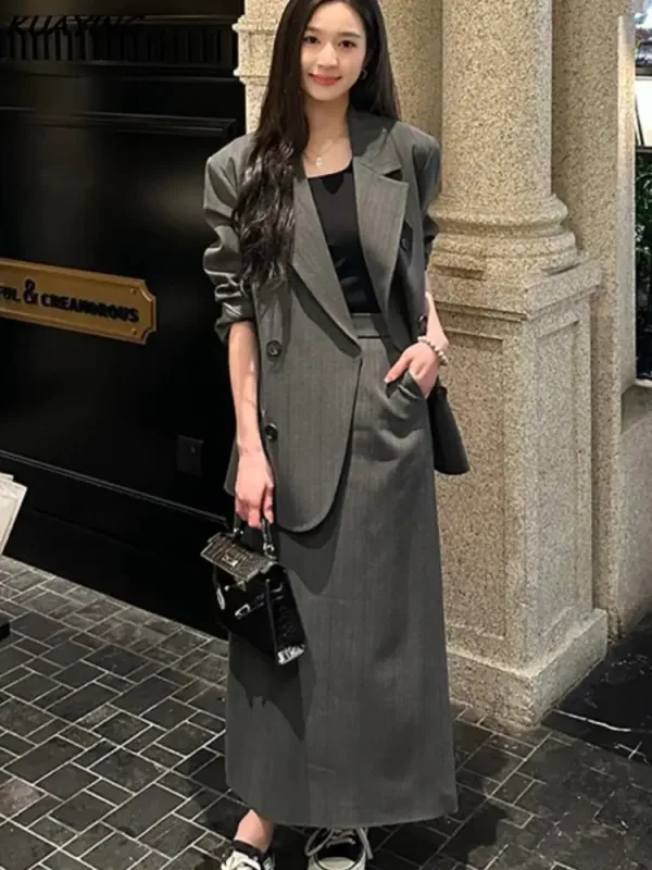 vêtement femme costume jupe long droit gris foncé