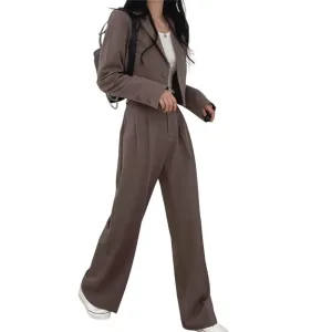 Costume 2 pièces femme blazer pantalon large décontracté couleur camel