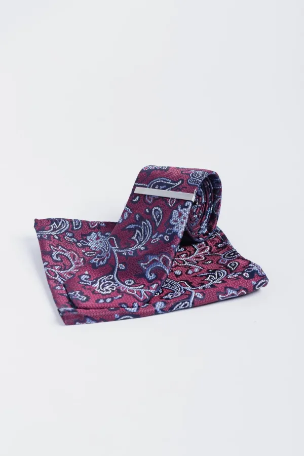 Cavani - Ensemble de cravate Paisley vin marine