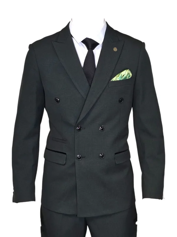 Costume pour homme à carreaux double boutonnage vert olive en 2 pièces - Costume Bromley Verts Olive DB