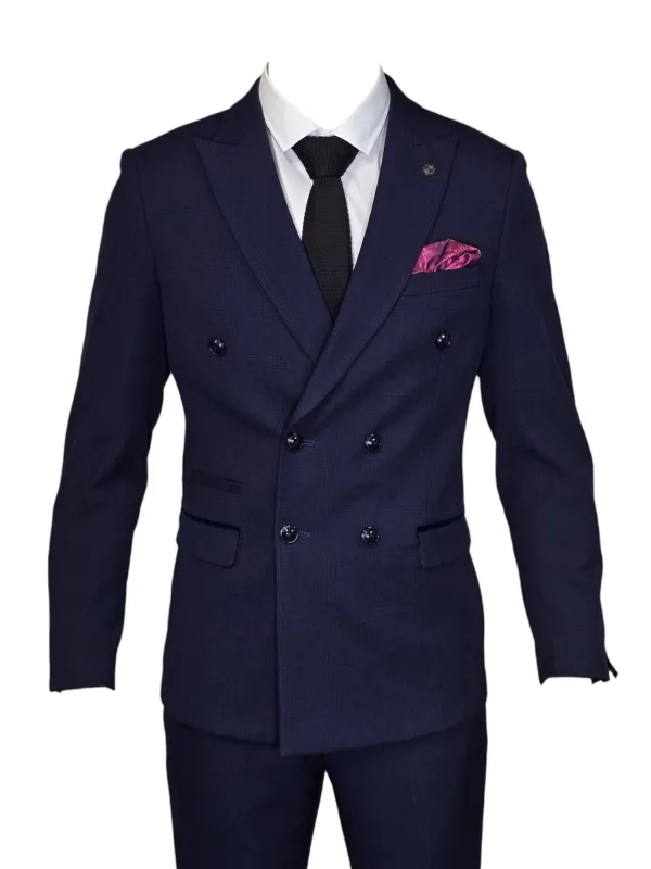 Costume pour homme à double boutonnage à carreaux bleu marine en 2 pièces - Costume Bromley Marine DB