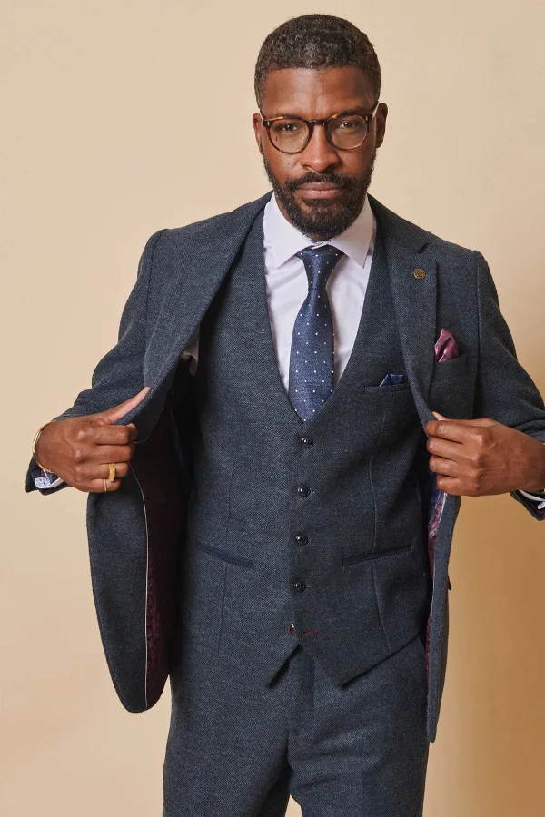 Costume pour homme à trois pièces Tweed Marlow Bleu - Marc Darcy