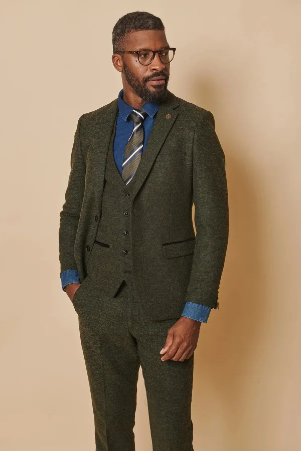 Costume pour homme à trois pièces Tweed Marlow Verts Olive - Marc Darcy