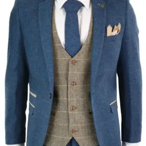 Costume tweed trois pièces bleu et marron à chevrons - Marc Darcy