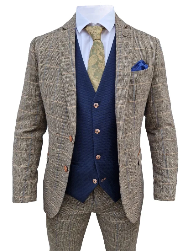 Mix and match - Costume pour hommes 3 pièces Herringbone Marron/Bleu Marine