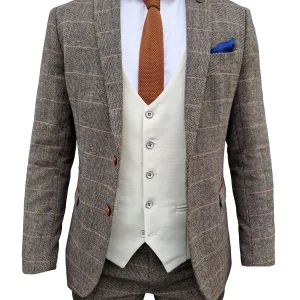 Mix and match - Costume pour hommes 3 pièces Herringbone Marron/crème