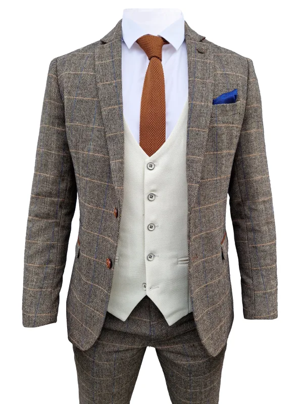 Mix and match - Costume pour hommes 3 pièces Herringbone Marron/crème